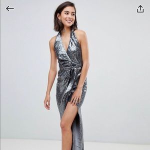 City Goddess Halter Neck Sequin Maxi Dress with Split Detail